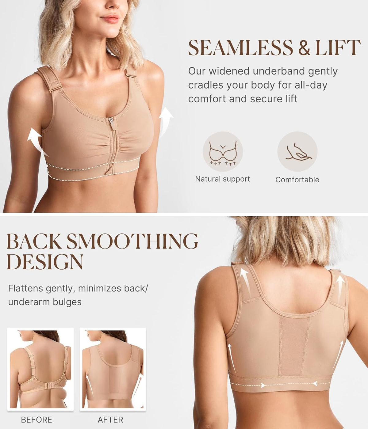BRABIC Zip Front Closure Everyday Bra for Women Post Surgery Compression Support with Adjustable Straps Wirefree