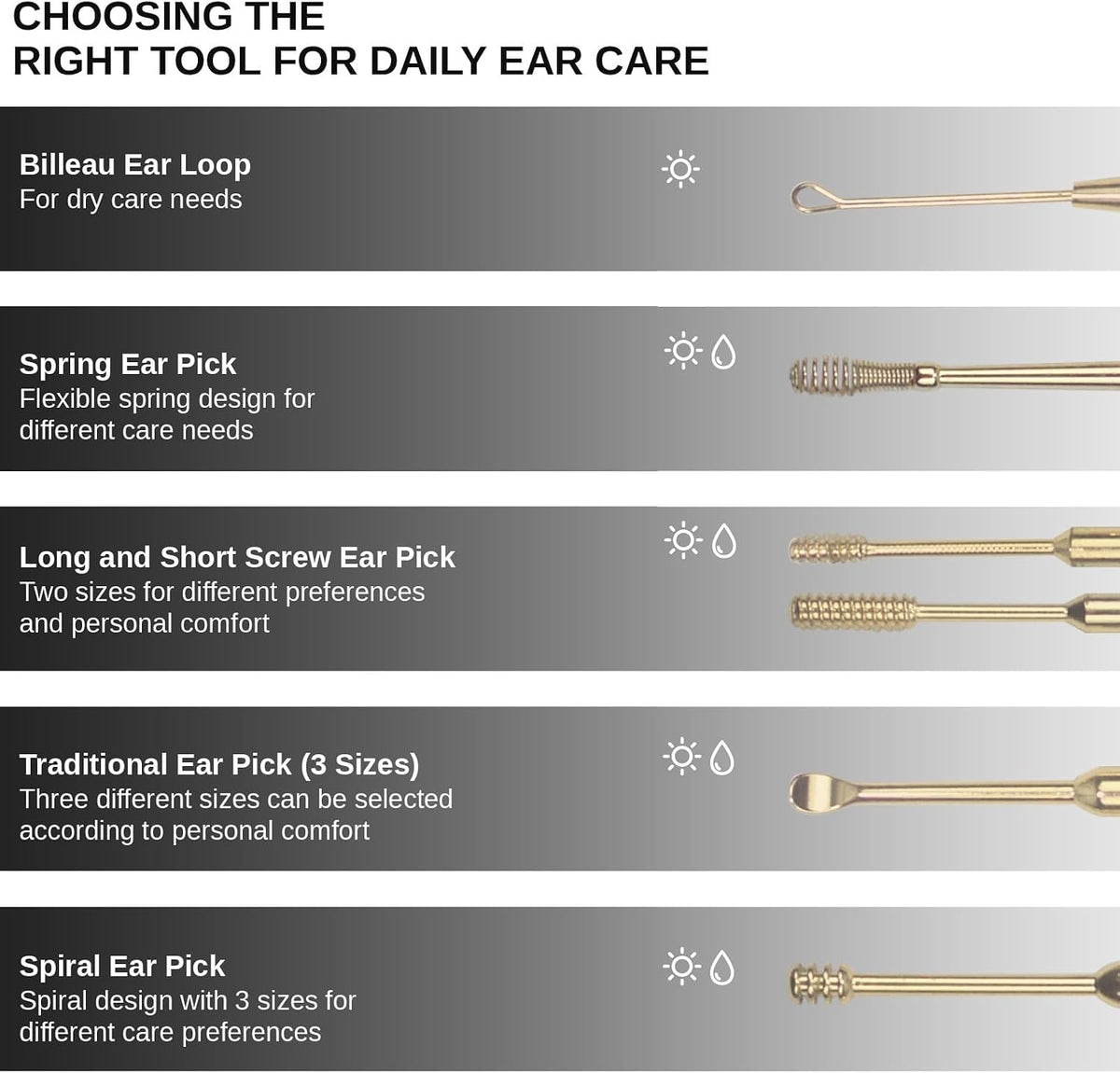 Hion 6 Pcs Extended Ear Wax Removal Kit,Professional Double-Headed Ear Pick Earwax Removal Tools,316L Stainless Steel Ear Cleaner Curette with Cleaning Brush and Storage Box,Suit for Kid Adult(Gold)