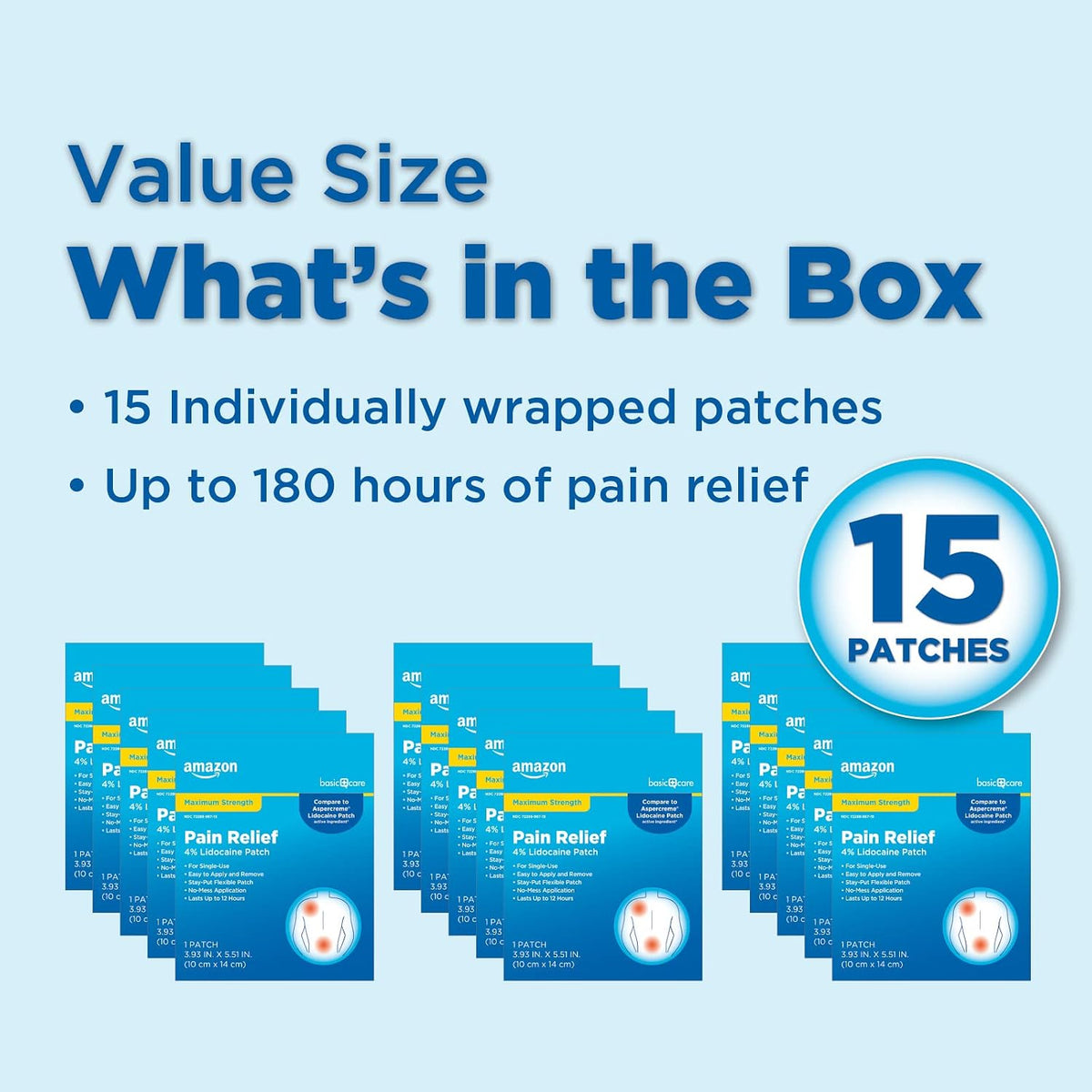 Amazon Basic Care Maximum Strength OTC Pain Relief , 4% Lidocaine Patch, 3.9” x 5.5”, 15-Count Box (Previously HealthWise)