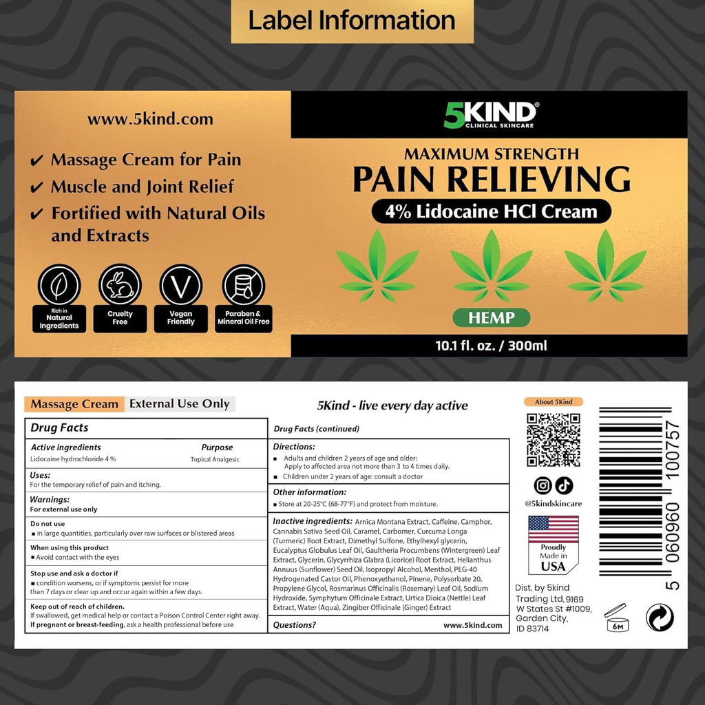 5Kind Extra Strong Lidocaine Cream with Hemp 10.1 fl oz Pain Relief Cream | Lidocaine Cream Maximum Strength Soothing Pain Relief Massage Gel - Lidocaine Numbing Cream Muscle Pain Relief - Made in USA