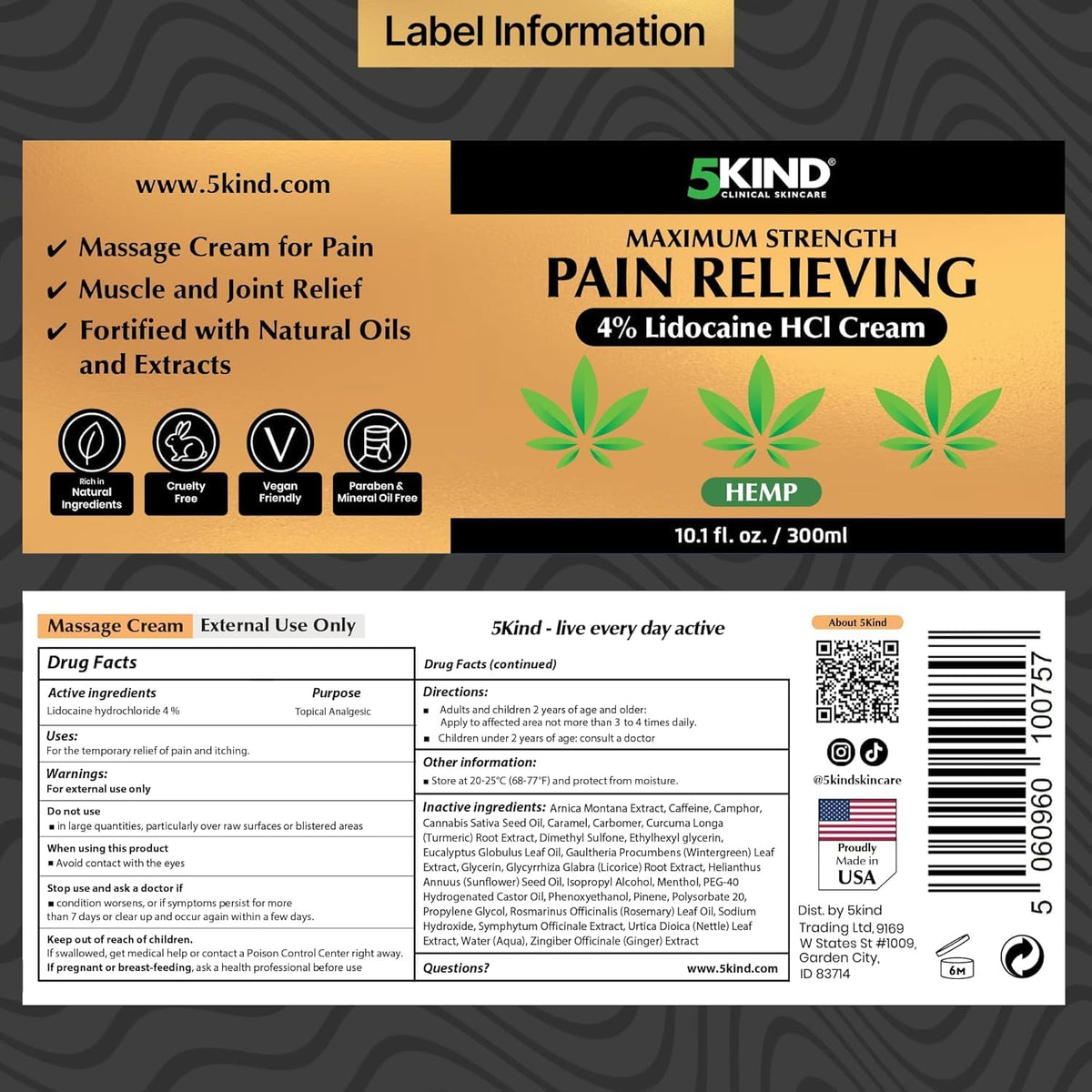 5Kind Extra Strong Lidocaine Cream with Hemp 10.1 fl oz Pain Relief Cream | Lidocaine Cream Maximum Strength Soothing Pain Relief Massage Gel - Lidocaine Numbing Cream Muscle Pain Relief - Made in USA