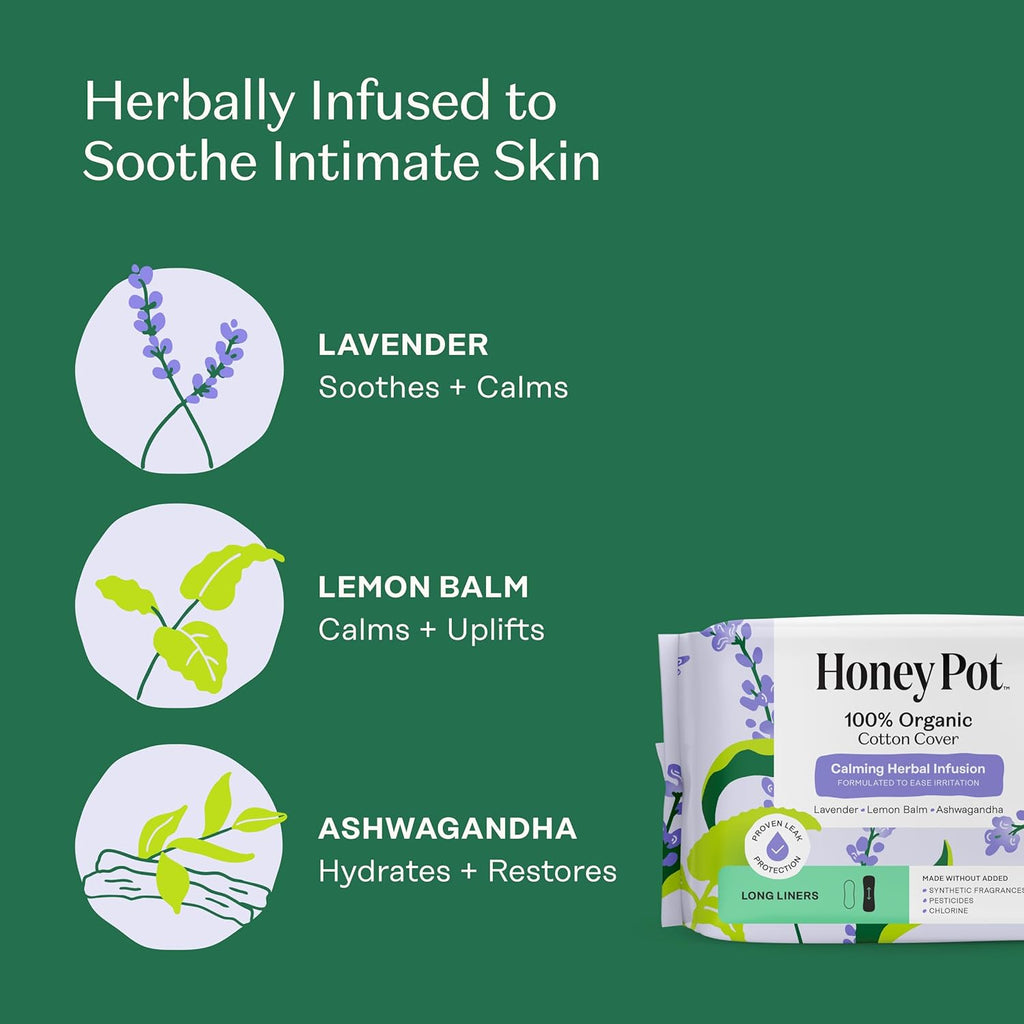 Honey Pot - Calming Long Panty Liners for Women - 100% Organic Cotton Top Sheet - Feminine Care - Non Cooling - Calming Herbs of Lavender, Ashwagandha, & Lemon Balm - 30ct