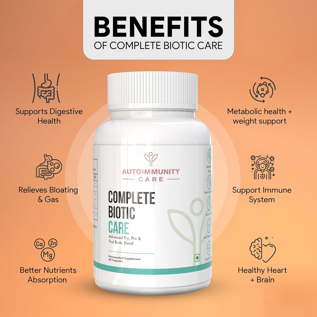 Autoimmunity Care Complete Biotic Care – 3-in-1 Pre Pro & Post Biotic Supplement | Prebiotics + Probiotics Supplement with Postbiotics, for Women & Men | Digestion Improve Supplement, Gut & Immunity | 60 Caps (30 dose)