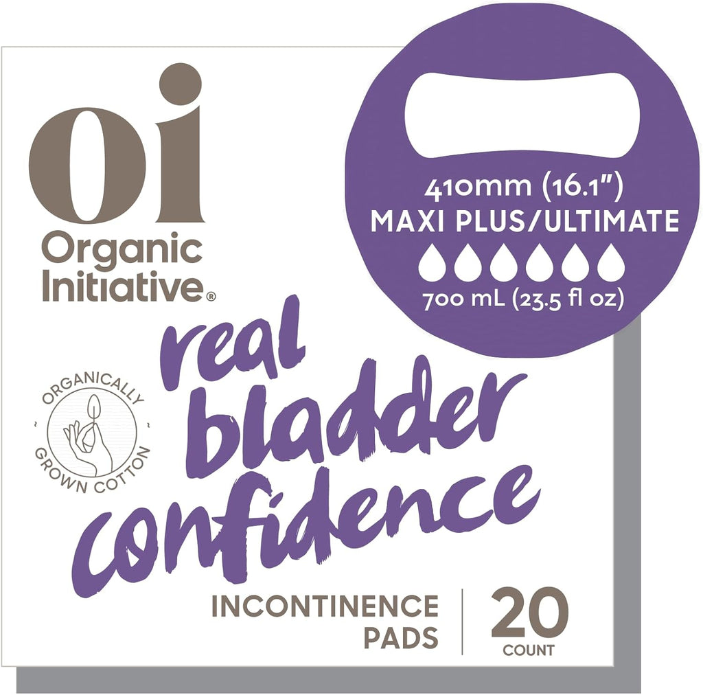 Oi | Organic Initiative Incontinence Pads for Women | Certified Organic Cotton Topsheet, Breathable, Hypoallergenic | Suitable for Postpartum | Maxi Plus (410mm) 20 pads