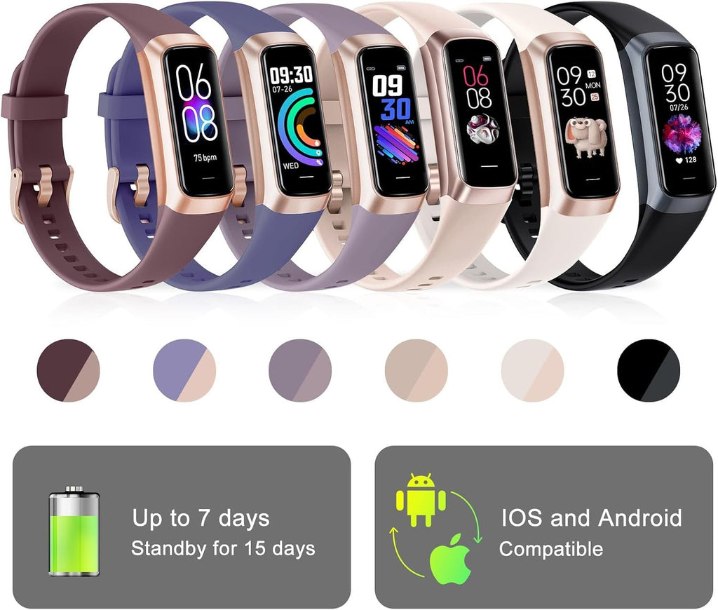 Fitness Tracker with 24/7 Heart Rate Blood Pressure Blood Oxygen Sleep Monitor, 1.1" AMOLED Touch Screen Activity Trackers, Waterproof Step Counter Health Pedometer for Women