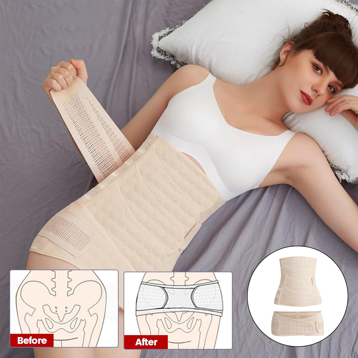 3 in 1 Postpartum Girdle for Women - Postpartum Abdominal and Caesarean Recovery Girdle - Breathable Pelvic Belt, Lumbar Support, Adjustable Belly Band, Size L Nude