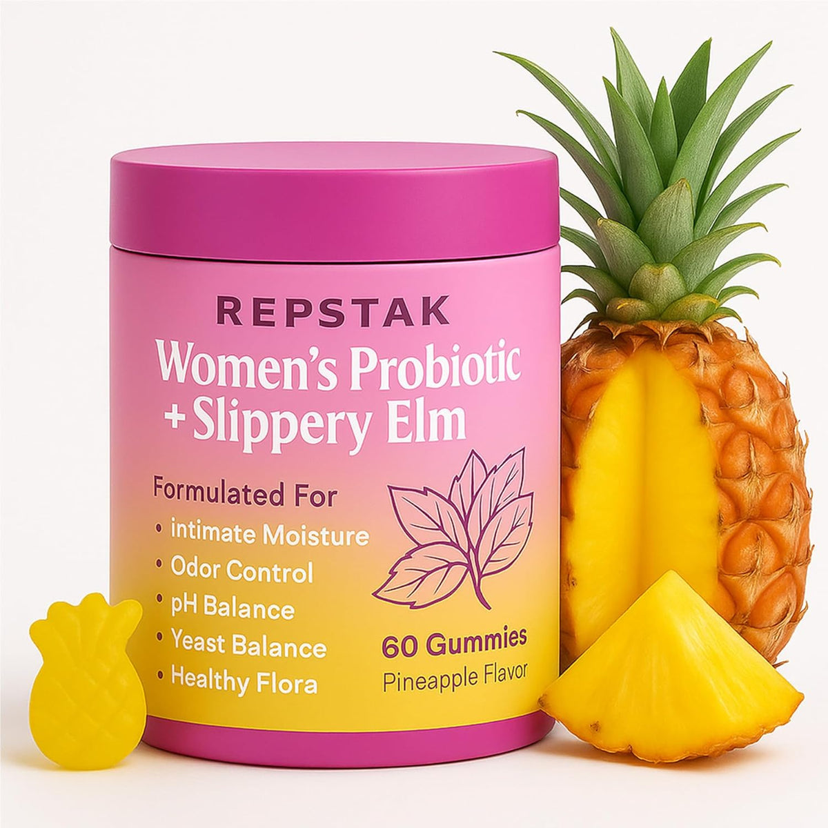 Women’s Probiotic + Slippery Elm Gummies | Intimate Flora & pH Balance Support | Lactobacillus + Prebiotic XOs | Pineapple Flavor | 60 Gummies