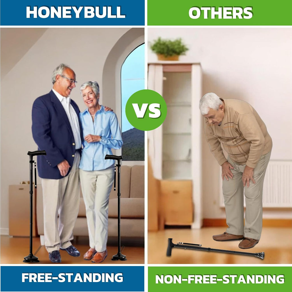 HONEYBULL Walking Cane for Men & Women, Foldable Free Standing Cane | Adjustable height, collapsible design, heavy-duty, pivot base for stable support, ergonomic handle