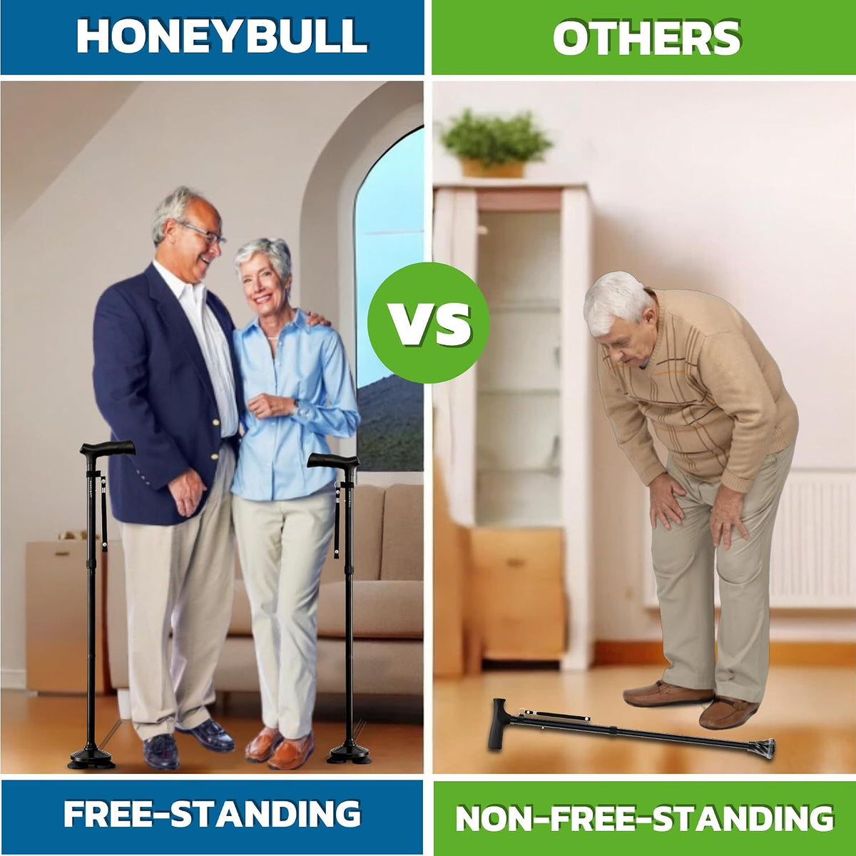 HONEYBULL Walking Cane for Men & Women, Foldable Free Standing Cane | Adjustable height, collapsible design, heavy-duty, pivot base for stable support, ergonomic handle
