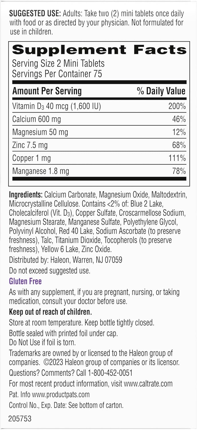 Caltrate Minis 600 Plus D3 Vitamin D and Calcium Supplement Tablets, 150 Ct