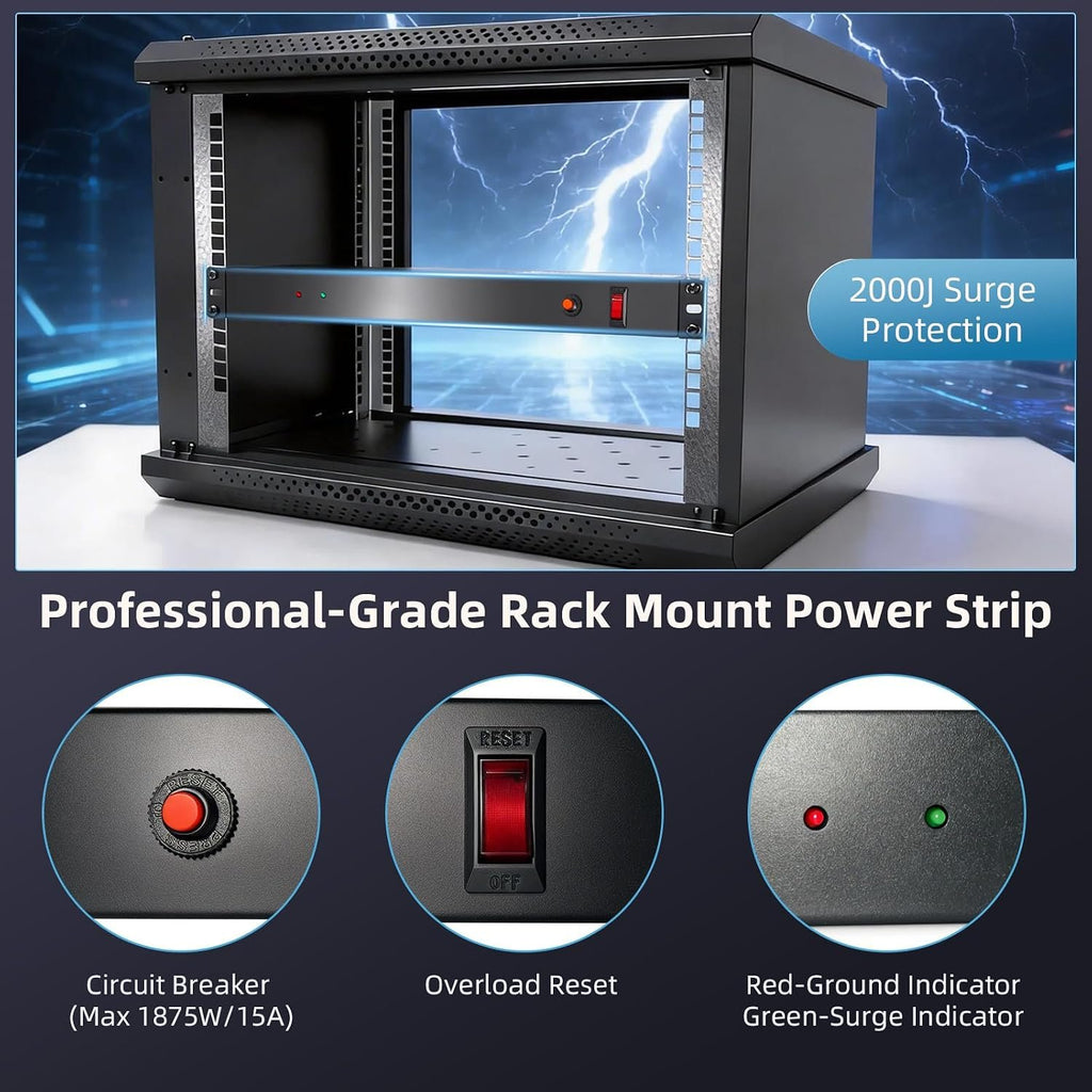 8 Outlet 1U Rack Mount PDU Power Strip 2000J Surge