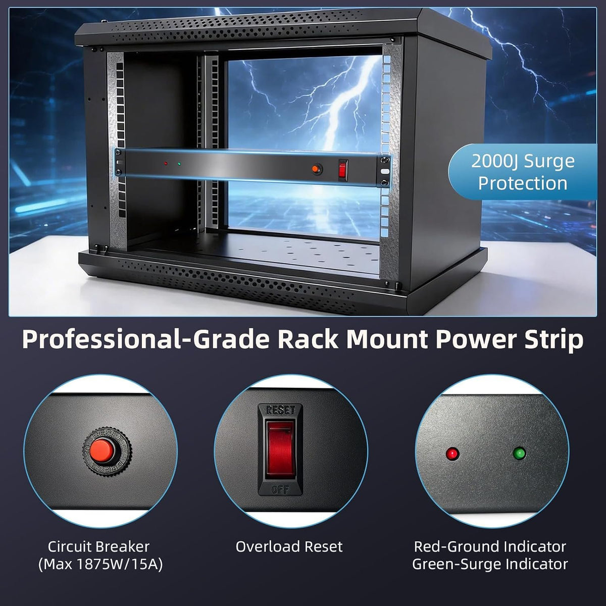 8 Outlet 1U Rack Mount PDU Power Strip 2000J Surge
