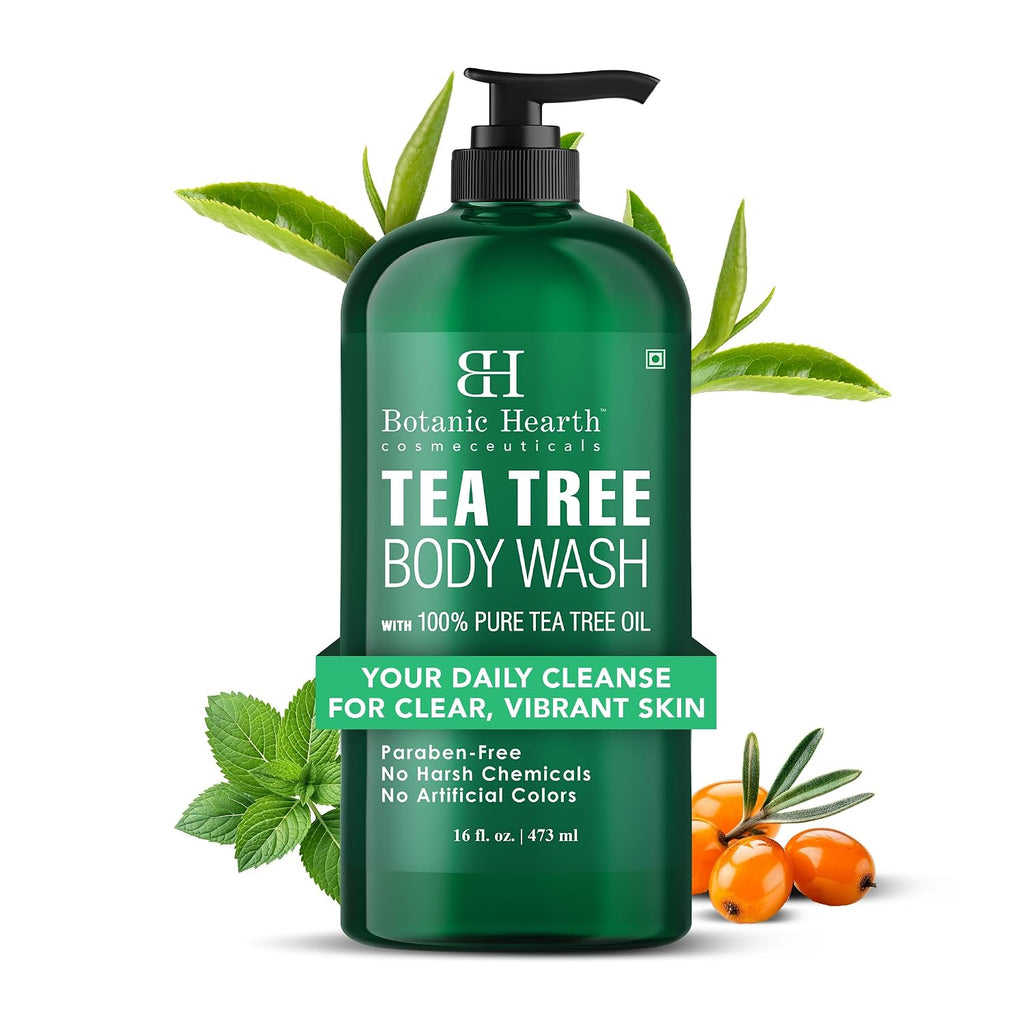 Botanic Hearth Tea Tree Body Wash With 100% Tea Tree Oil - 16 Fl oz | With Tea Tree Oil, Peppermint & Sea Buckthorn | Gently Cleanses & Refreshes | Sulfate & Paraben Free | For Both Men & Women