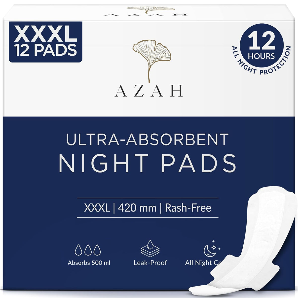 Azah Sanitary Pads for Women XXXL [Pack of 12] | Extra Large Night Pads | Cottony Soft Sanitary Napkins for Women | XXXL Pads for Womens Heavy Flow | Leak Proof for Overnight Protection