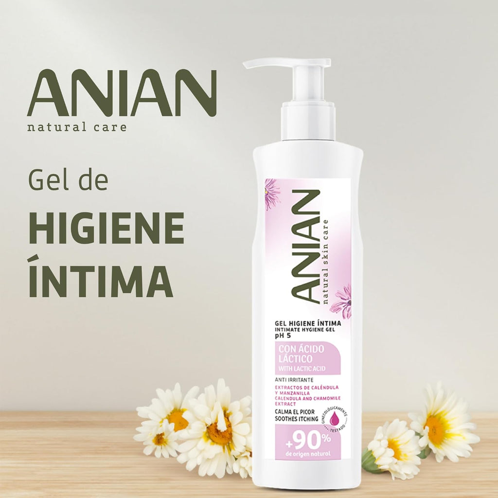 ANIAN - Women's Intimate Hygiene Gel, 250 ml, with Calendula and Chamomile Extract, Formulated with pH 5, Cleans and Respects the Intimate Area, Anti-Irritant and Soothing Itch, +90% Natural Ingredients