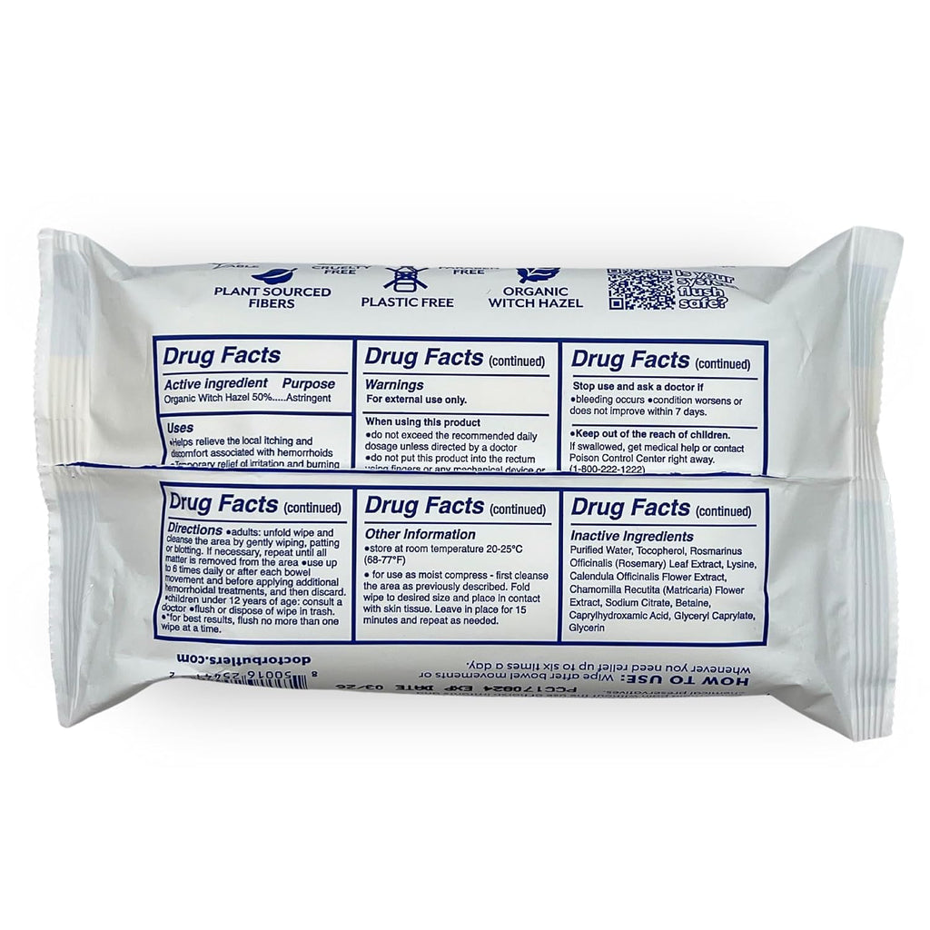 Doctor Butler's Flushable Hemorrhoid Wipes - Flushable Wipes or Moist Compress with Organic Witch Hazel to Soothe and Bring Relief From Discomfort Associated with Hemorrhoids (48 Count)
