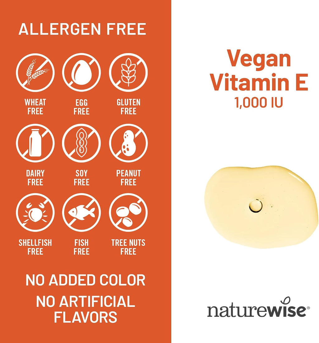 NatureWise Vitamin E 1000 IU Softgels (450mg dL-Alpha) - Vegan, Gluten-Free, Soy-Free, Non-GMO Antioxidant Dietary Supplement for Skin, Heart, Eye, and Immune Health Support - 60-Day Supply, 120 Count