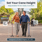 PELEGON Quad Cane (300 lb) - Adjustable Walking Cane with A Large 4 Pronged Base for Extra Balance & Stability, Walking Canes for Seniors, Walking Cane for Men & Women, Walking Sticks