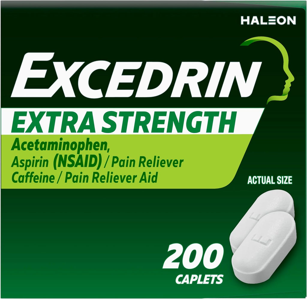 Excedrin Extra Strength Caplets for Headache Pain Relief, 200 Count | Triple Action Formula with Caffeine, Blocks Pain Signals, Elevates Your Pain Threshold, Enhances Pain Relieving Effect
