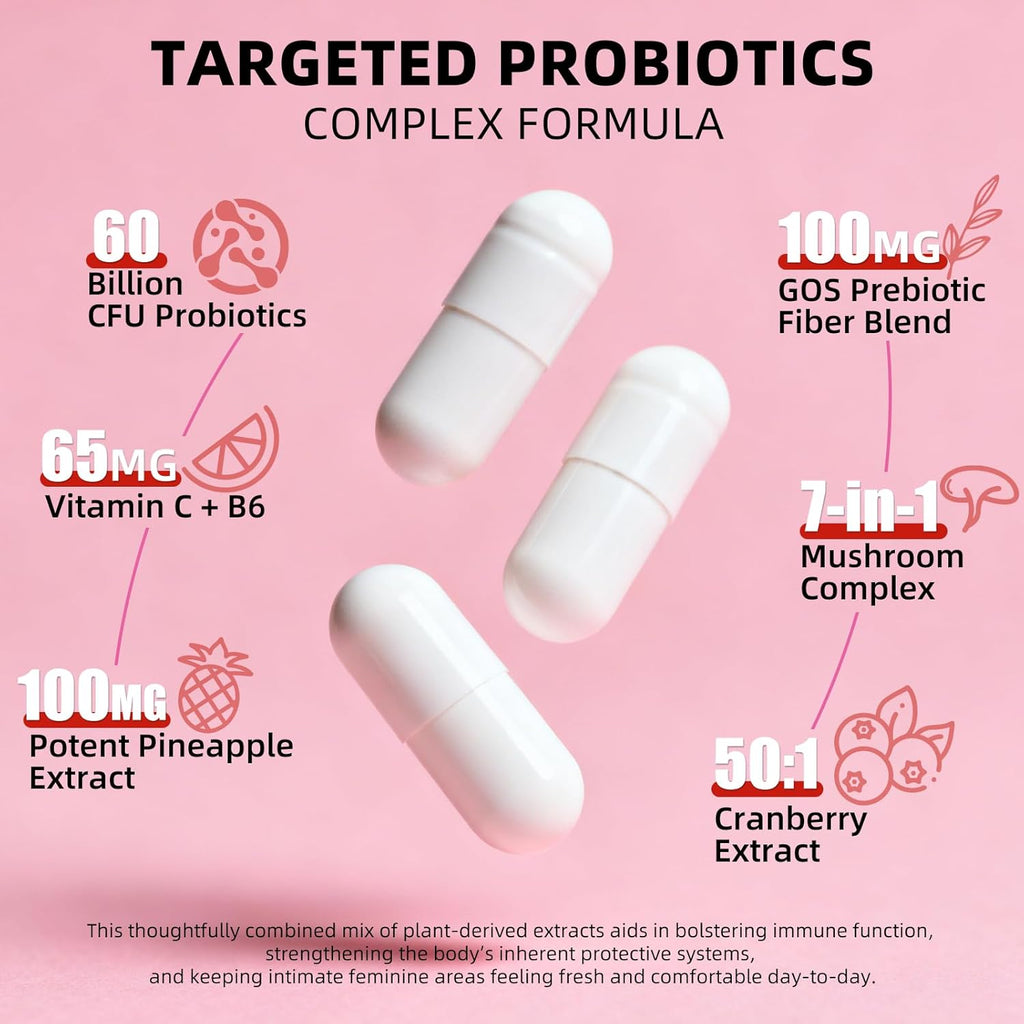 Vaginal Probiotics for Women, 60 Billion CFU with Akkermansia Probiotics and Prebiotics Supplement for Vaginigal Health, pH Balance, Moisture, Odor Control, Non-GMO, Third-Party Tested