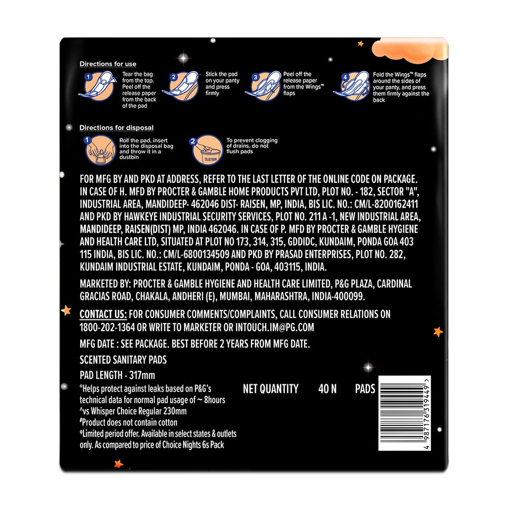 Whisper Choice Nights, 40 XXL Pads, Gives Up to 100% worry-free protection all night with 4x back coverage