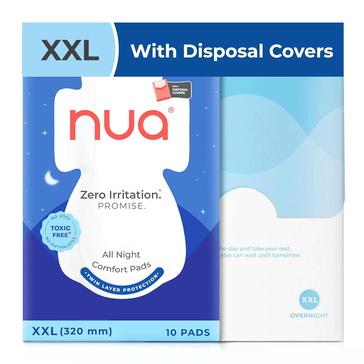 Nua All Night Comfort Sanitary Pads | Pack of 10 (XL++ 320mm) | Twin Layer Protection | 50% Wider Back and Anti Stain Wings | Upto 10 Hours of Absorption | Super Soft and Breathable | No Rashes | 100% Toxic-Free