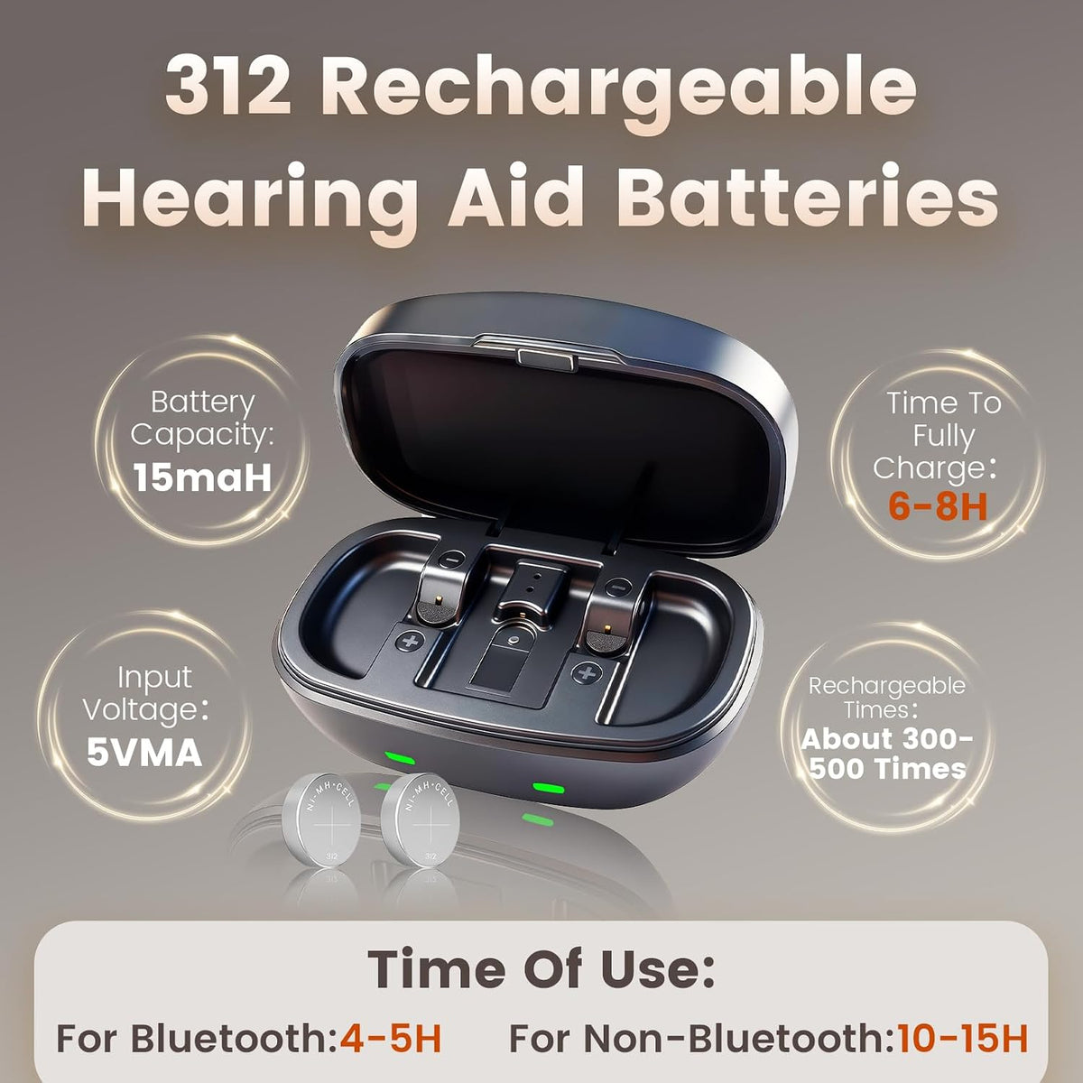 312 Hearing Aid Battery Case Charger with 2 Pack 312 Rechargeable Batteries Long Lasting for Bluetooth & Non-Bluetooth Hearing Aids