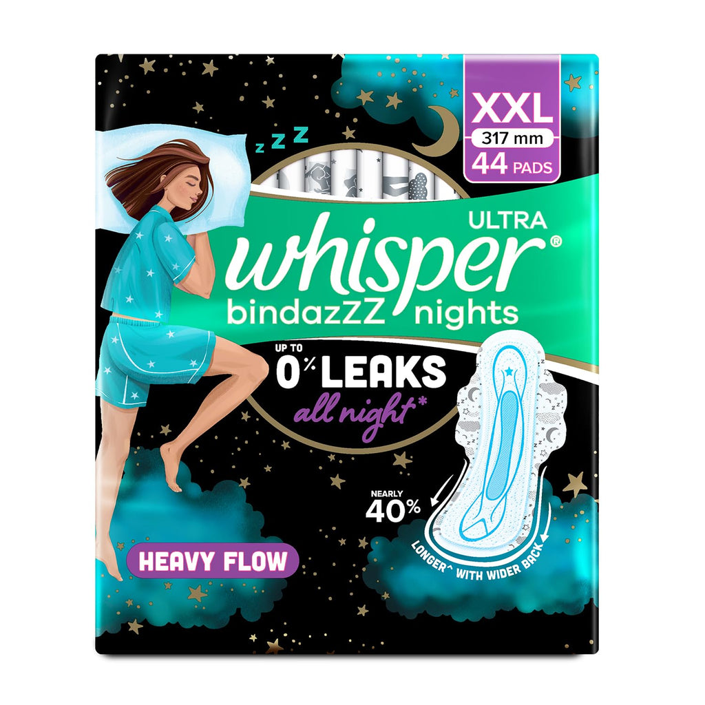 Whisper Bindazzz Nights 44 XXL Sanitary Pads, Upto 0% Leaks All Night Long, For Heavy Flow, Nearly 40% Longer with Wider Back, Active odor lock so you feel fresh, Disposable Wrapper
