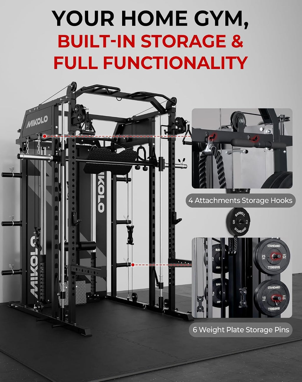 Mikolo Smith Machine with Weight Stack, Power Cage Home Gym System with LAT Pulldown & Cable Crossover, Multi-Functional Trainer with Dual Pulley System, Includes 10+ Free Attachments