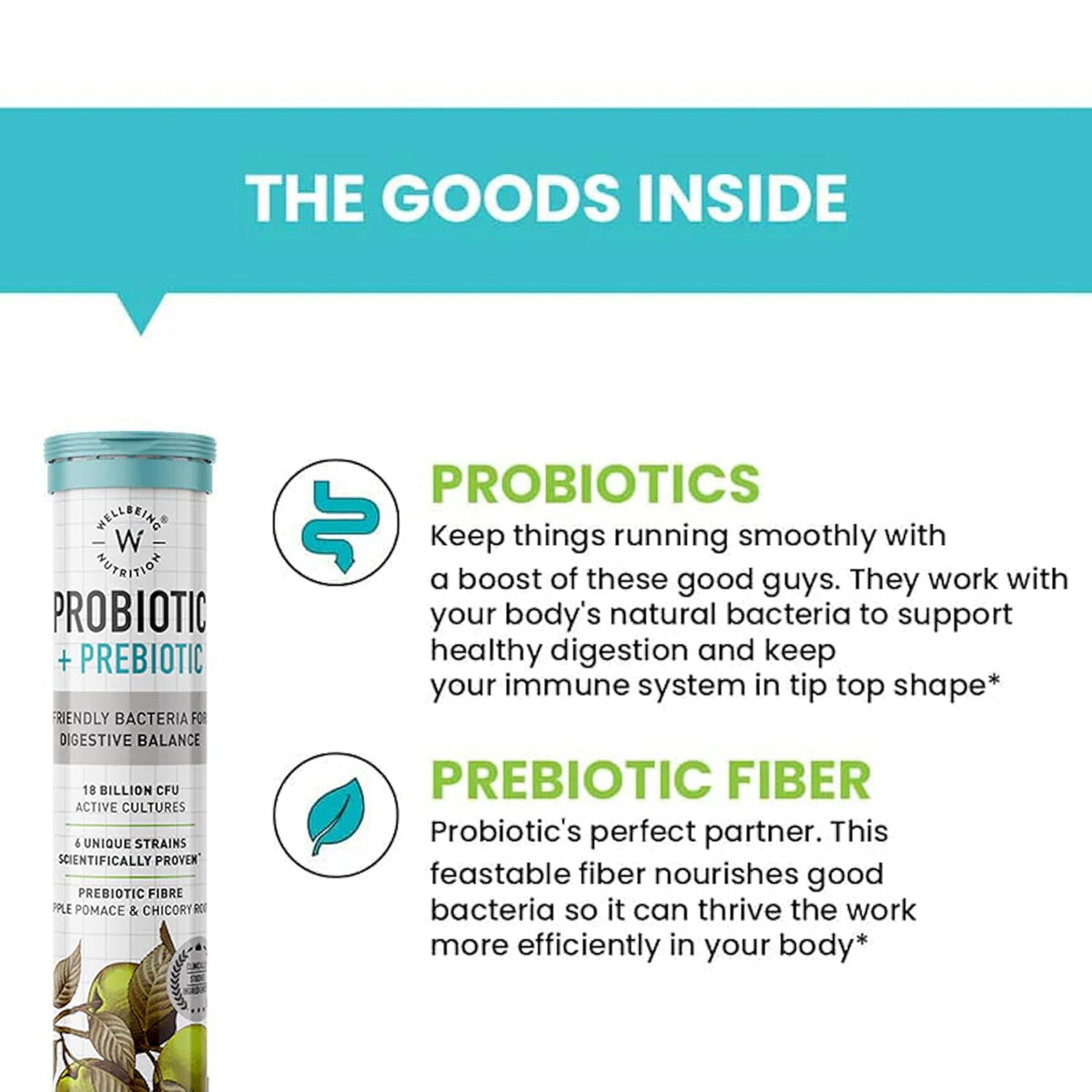 Wellbeing Nutrition Daily Probiotics + Prebiotics, Gut Health Supplement 18 Billion CFU with Organic Chicory Root | For Indigestion, Constipation, Gas, Bloating, IBS & Immunity, 21 Effervescent Tabs