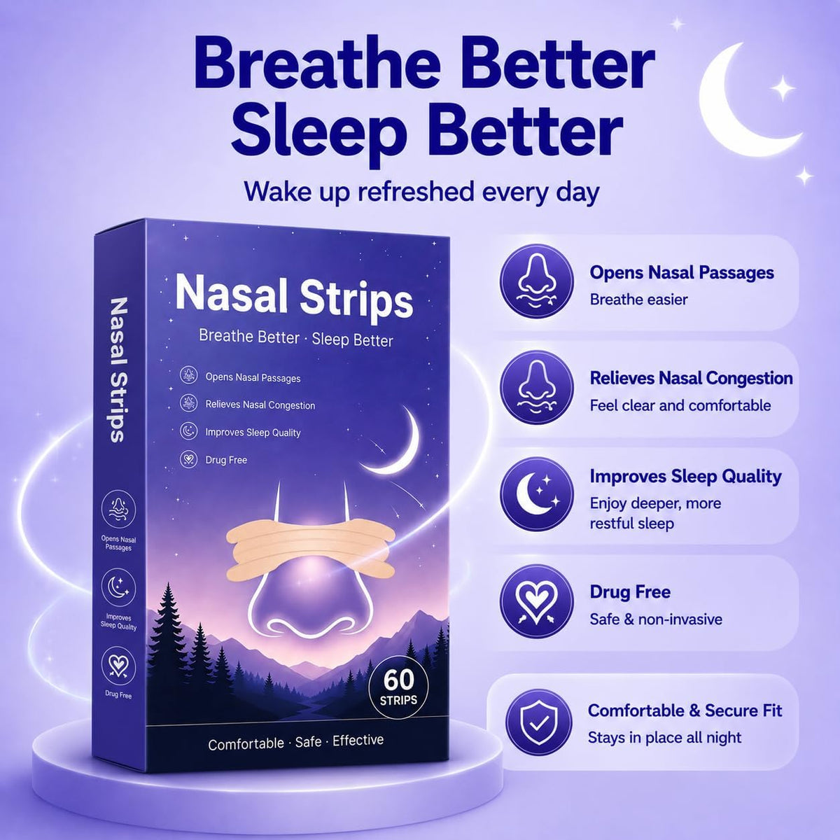 60PCS Extra Strength Nasal Strips for Snoring and Nasal Congestion Relief