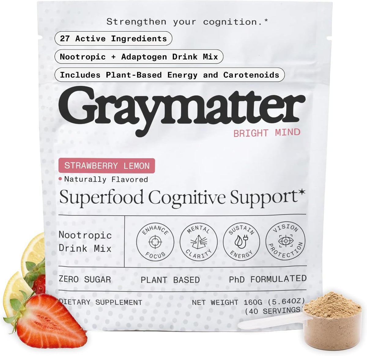 Graymatter Cognitive Support Powder, Strawberry Lemon, 40 Servings | Bright Mind brain health formula in convenient powder form for daily mental clarity and cognitive wellness