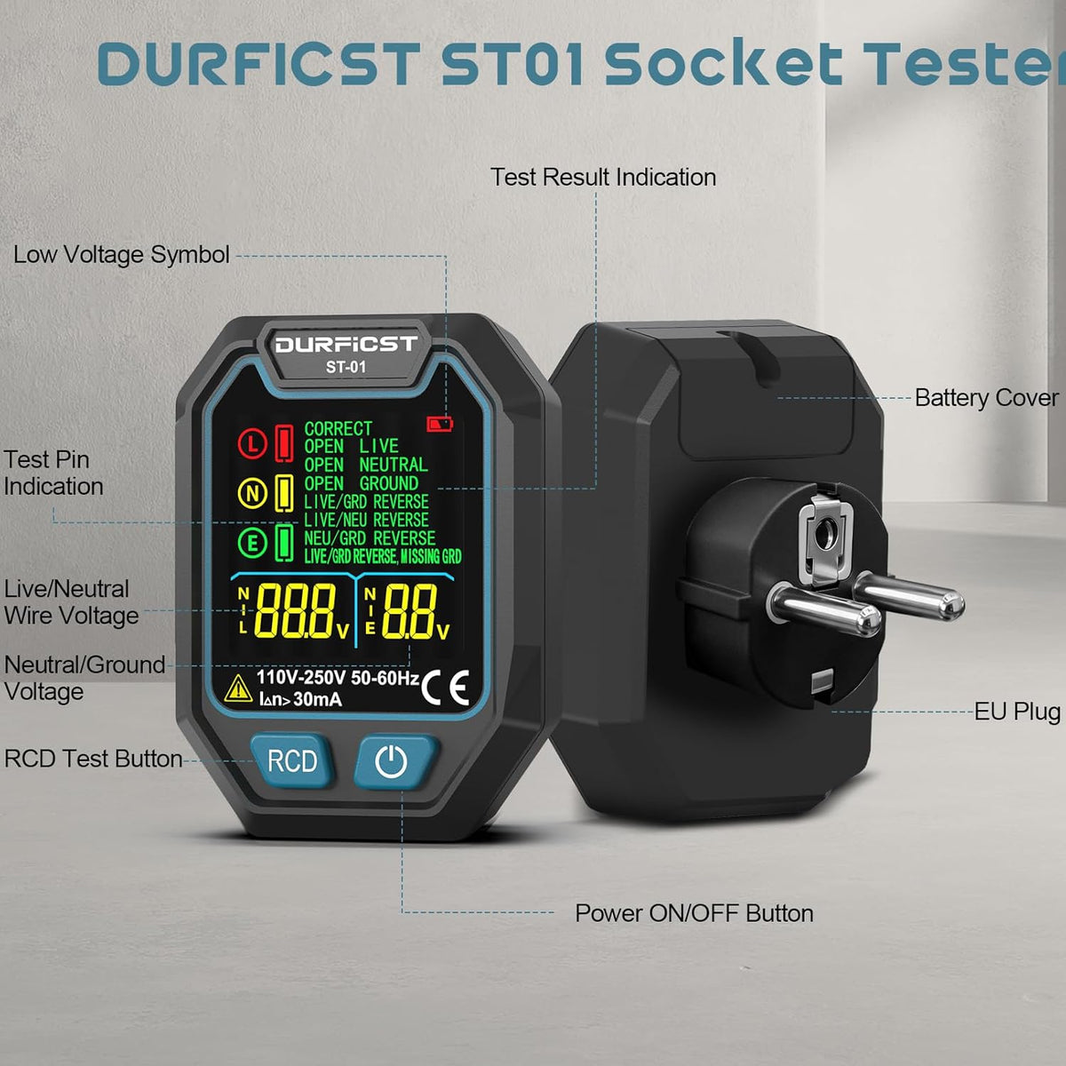 DURFICST Home Test Kit, Hygrometer, Laser Distance Meter and Combination Socket Tester, Humidity Detection, Laser Distance Meter and Socket Tester
