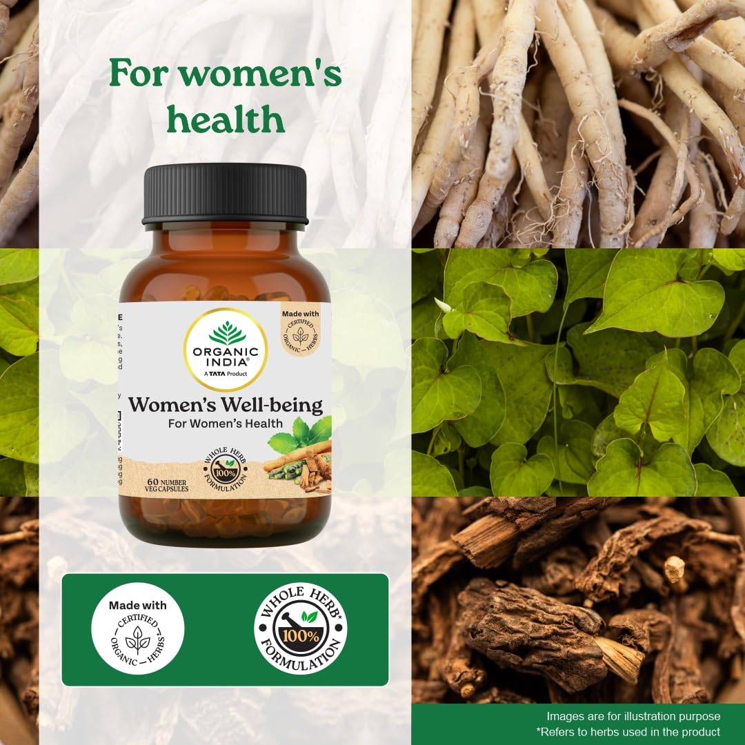 A TATA Product - Organic India Women's Well Being - 60 Veg Capsules, Plant Based Estrogens, Boosts Health & Vitality For Women Of All Ages & Restore Hormonal Balance, GMP & NPOP Certified Organic