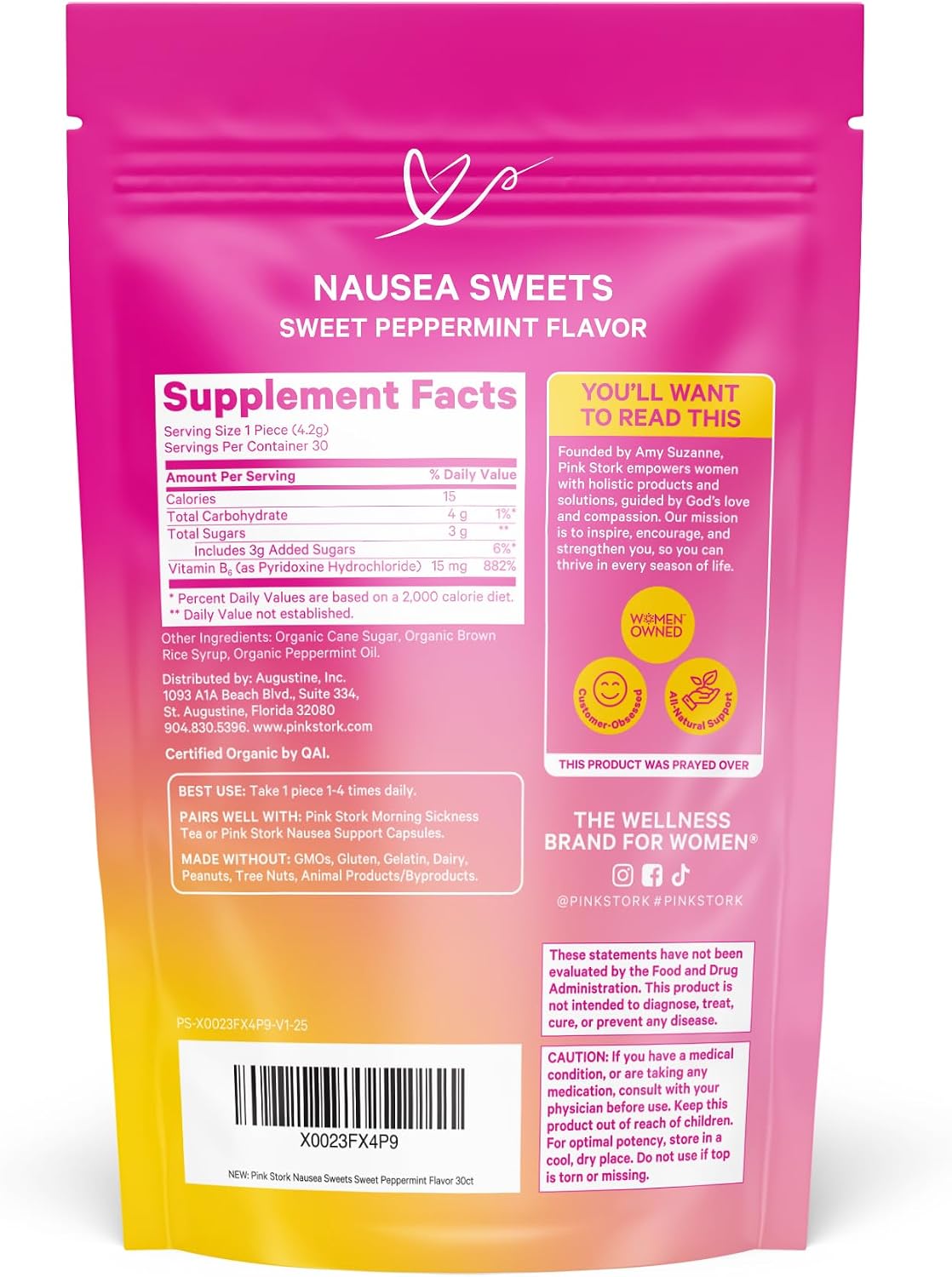 Pink Stork Organic Peppermint Sweets, Morning + Motion Sickness, B6, 30 Ct | USDA Organic Peppermint + Vitamin B6 Lozenges for Morning Sickness, Motion Sickness + Digestive Comfort, Individually Wrapped