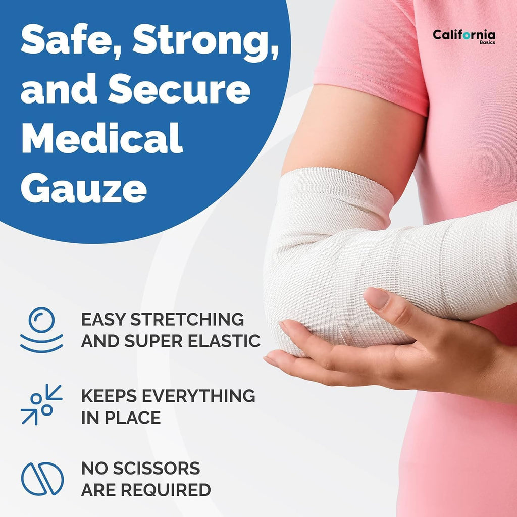 California Basics 24-Pack Gauze Bandage Roll with Tape, 4 Inches x 4 Yards - Soft, Stretchable & Breathable Wrap for Wound Care, First Aid & Medical Supplies - White