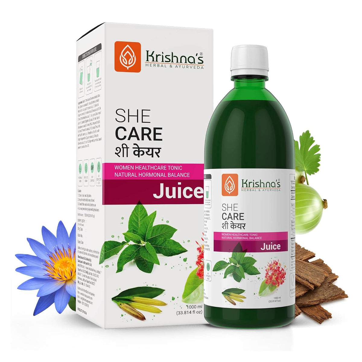 KRISHNA'S HERBAL & AYURVEDA She Care Juice 1000ml, Herbal Supplement for Hormonal Balance, PCOS, PCOD, Period Pain Relief, Hair and Skin Health | Women Wellness Juice