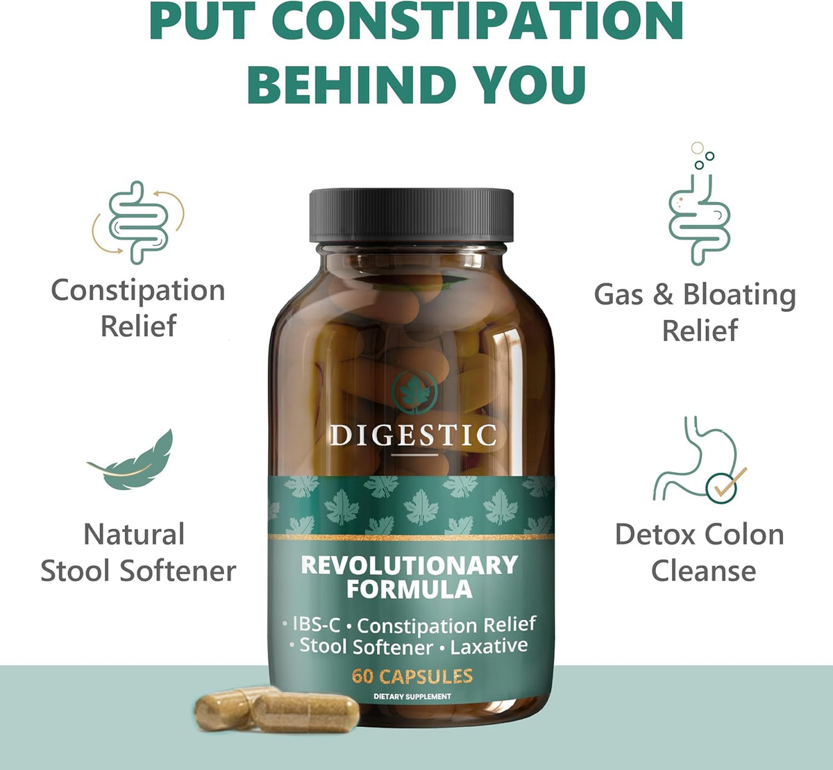 Digestic - Laxative for Constipation Relief, Stool Softener for IBS Severe and Strong Constipation 100% Natural - 60 Capsules - Colon Cleanse, Detox Cleanse, Gas and Bloating Stomach Relief for Adults