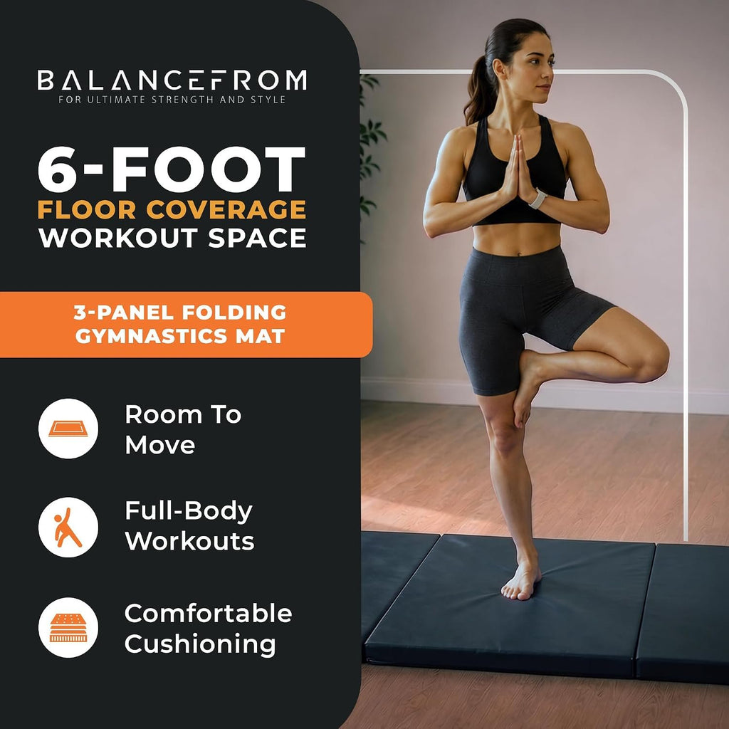 BalanceFrom 6x2 Feet 3-Panel Folding Gymnastics Mat – 2-Inch Thick Pad with Vinyl Surface and Carrying Handles for Tumbling, Yoga, Pilates, Home Workouts, and Martial Arts