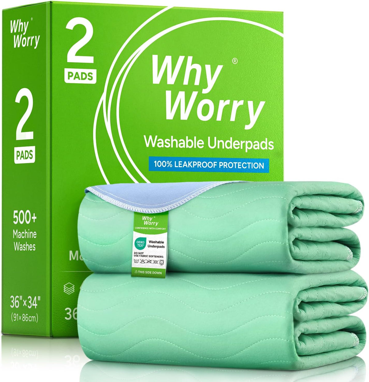 WhyWorry Washable Bed Pads for Adult Incontinence, 86x91cm (Pack of 2) Waterproof Mattress Protector for Bed Wetting, Heavy Absorbent Reusable Underpads for Elderly & Kids, Washable Pee Pads, Green