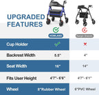 HOMLAND Foldable Rollator Walkers for Seniors with Seat, 17 lb Lightweight | 8" All-Terrain Rubber Wheels, Reinforced Aluminum Frame, Cup Holder, 16'' Enlarged Seat, Height Adjustable, Easy Assembly