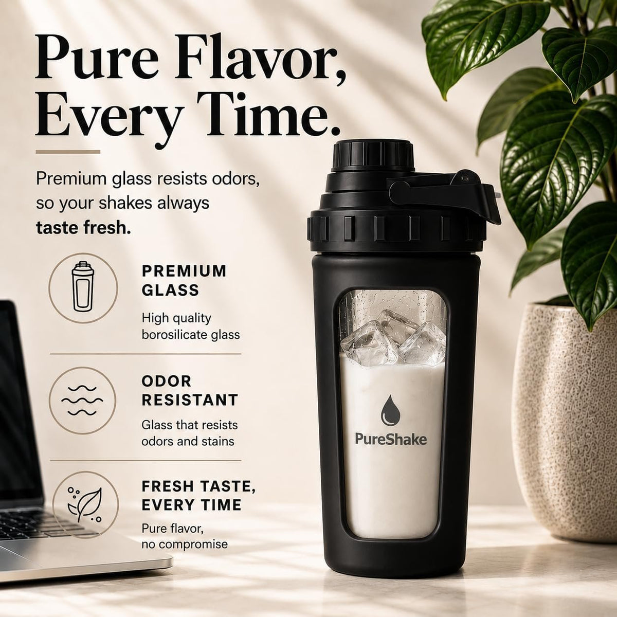 Paddi Glass Protein Shaker Bottle - Odorless, BPA Free, Leak-Proof - 24 OZ | Graduated Ideal Fitness, Milkshake and Smoothies