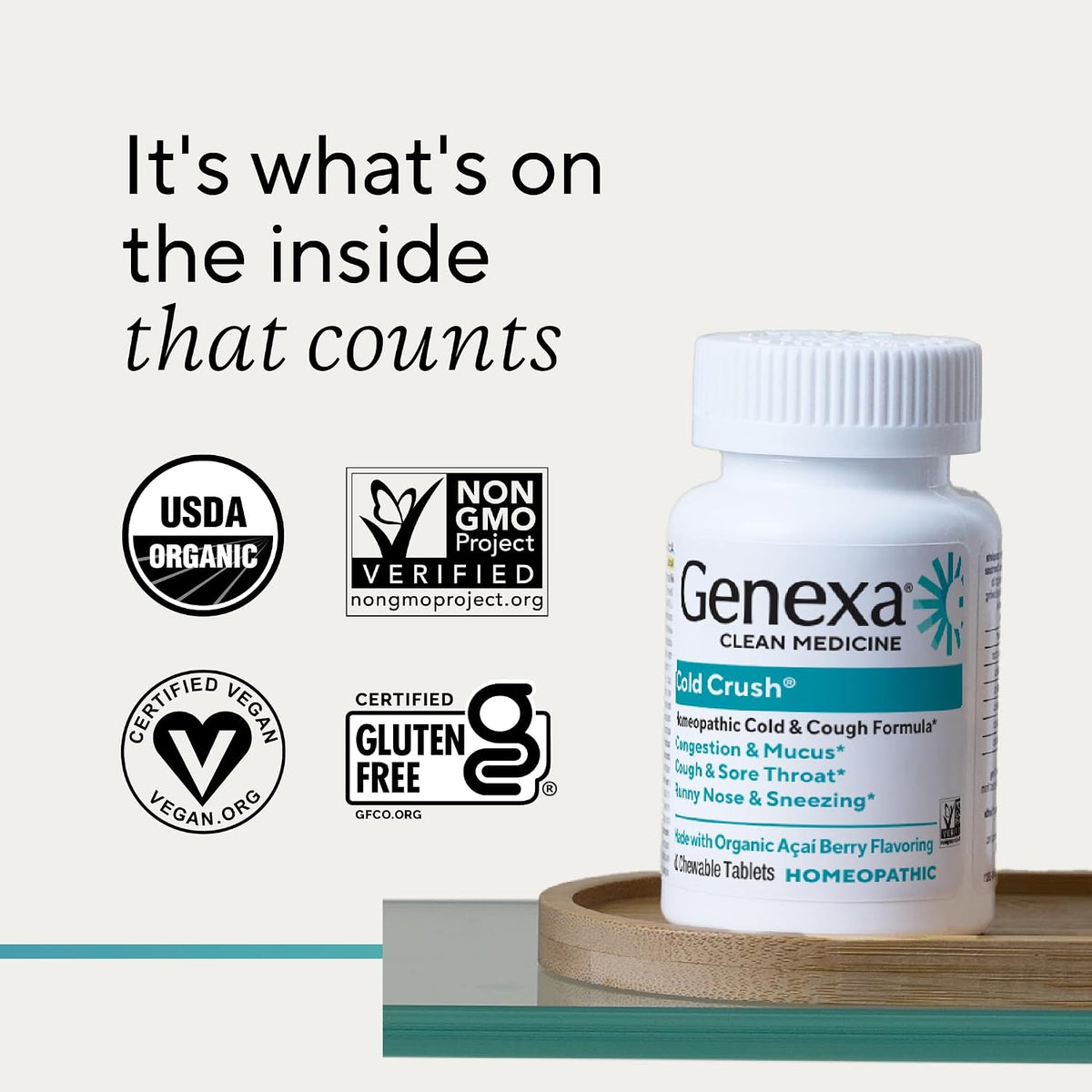 Genexa Cold Crush, Drug Free & Made Clean, 60 Chewable Tablets for Adults | Dye Free, 0% Artificial Additives, Non-GMO, Gluten Free, Homeopathic Cough, Cold, Sore Throat Relief, Acai Berry Flavor