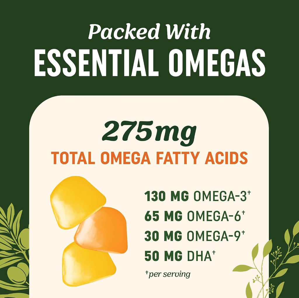 Omega 3 6 9 + DHA Gummies, Plant-Based Triple Omegas, 50mg DHA, Vegetarian | Algae Flaxseed & Safflower Oil, Non-GMO, Gluten-Free, Essential Fatty Acid Supplements for Adults, Lemon & Orange, 60 Gummies