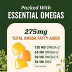 Omega 3 6 9 + DHA Gummies, Plant-Based Triple Omegas, 50mg DHA, Vegetarian | Algae Flaxseed & Safflower Oil, Non-GMO, Gluten-Free, Essential Fatty Acid Supplements for Adults, Lemon & Orange, 60 Gummies