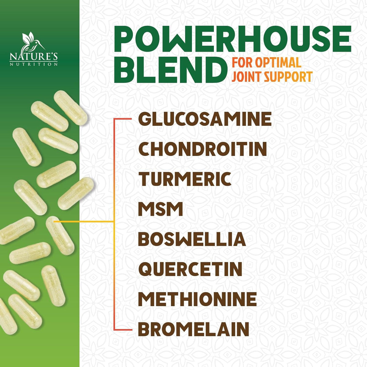 Nature's Nutrition Glucosamine Chondroitin MSM Capsules - Triple Strength Joint Health Support Supplement with Turmeric & Boswellia - Joint Flexibility Support Easy to Swallow Capsules - 60 Count