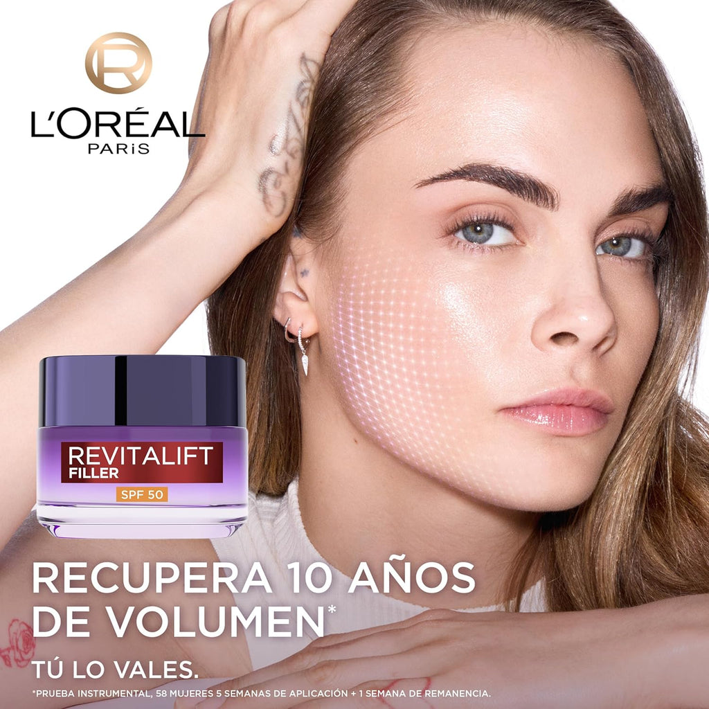 L'Oréal Paris Revitalift Filler Day Cream with SPF 50 Sun Protection, Anti-Aging and Anti-Wrinkle, with Hyaluronic Acid, Inspired by Korean Cosmetics, Non-Greasy Finish, 50 ml