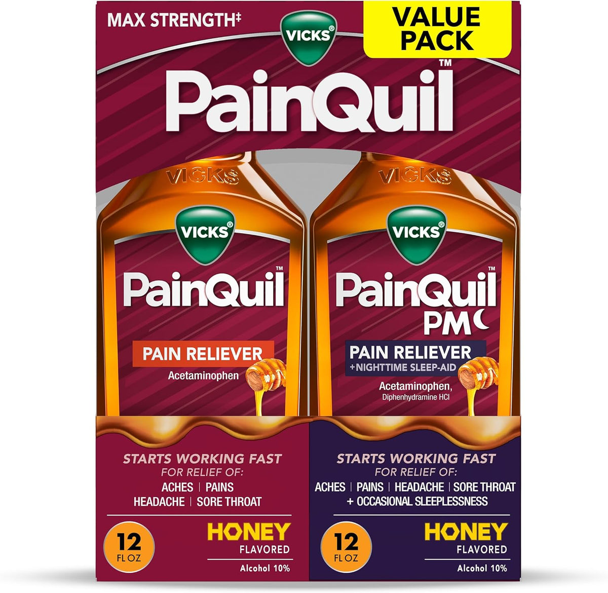 Vicks PainQuil Pain Relief Acetaminophen 1000mg Max Strength Honey Flavored Adult Pain Reliever Liquid 2x12oz, Backache Headache Relief, 1 Daytime Pain Reliever x 1 Nighttime Pain Relief + Sleep Aid