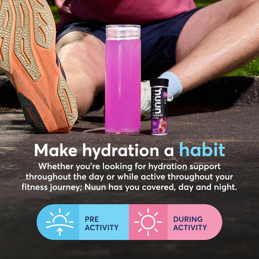 Nuun Energy Caffeine + B Vitamins Wild Berry, GF & Vegan, 8 Pack | 80 Servings with Caffeine from Green Tea Extract, Magnesium & 4 Other Electrolytes, Gluten Free, Vegan