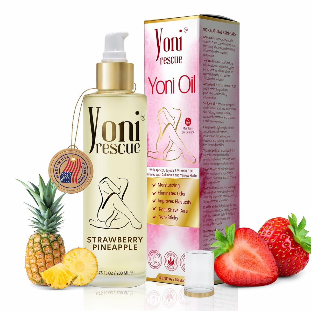 Yoni Rescue Yoni Oil 6.76oz, All Natural Ingredient for Women pH Balance & Wetness, Vaginal Oil for Dark Spots, Hydration & Comfort - Apricot, Jojoba, Chamomile, Vitamin E (Strawberry Pineapple)